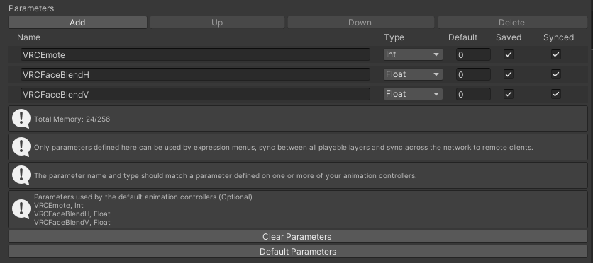 What expression parameters look like by default.