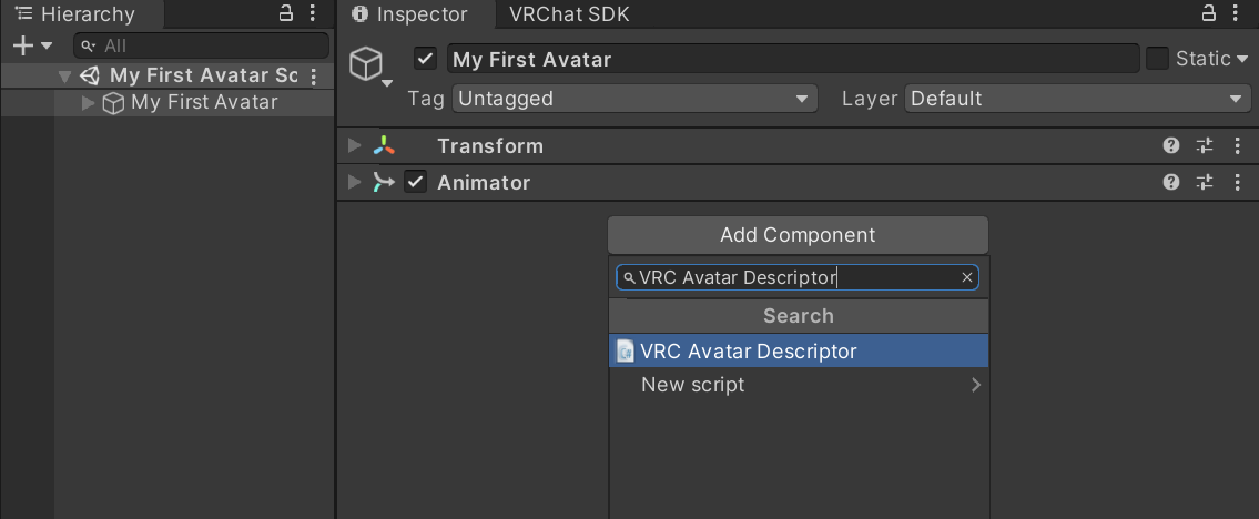 Ajoutez un VRC Avatar Descriptor pour commencer avec votre avatar.